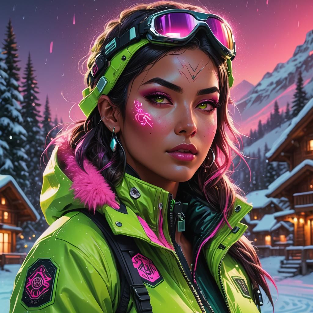 Biopunk Woman on Ski Slope in Cyberpunk Style