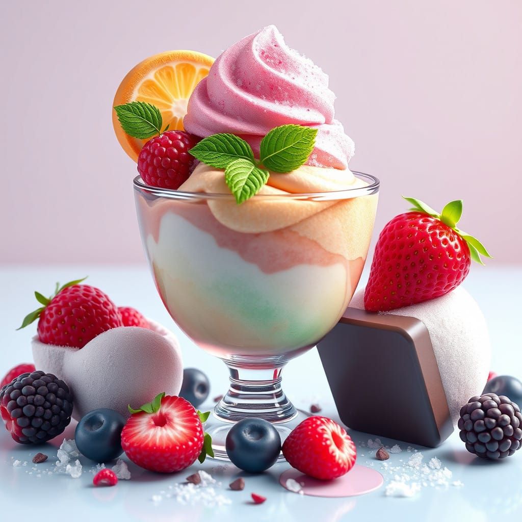 Rainbow Sherbet Dessert in 3D Anime Style