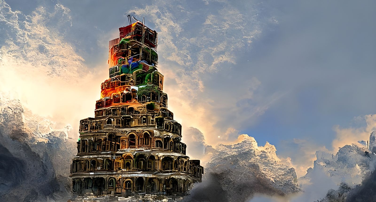Colorful Tower of Babel with Volumetric Lighting