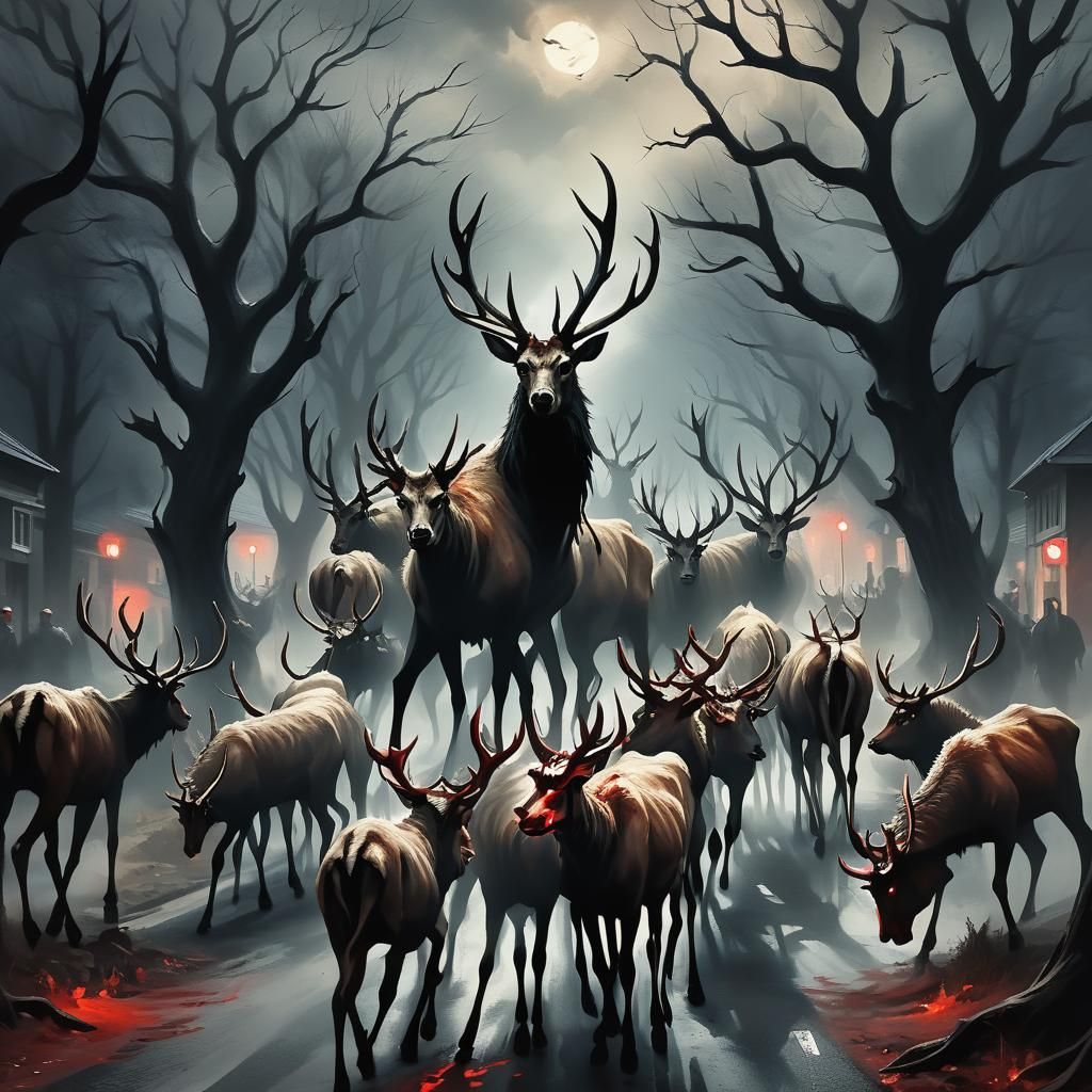 Demonic Deer Herd in Dark Surrealist Style