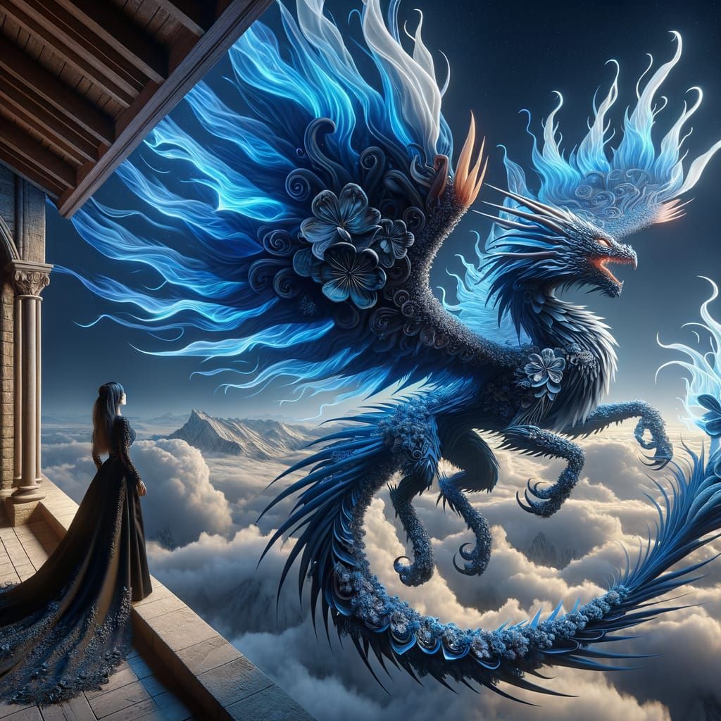 Blue Flame Dragon Over Castle Night