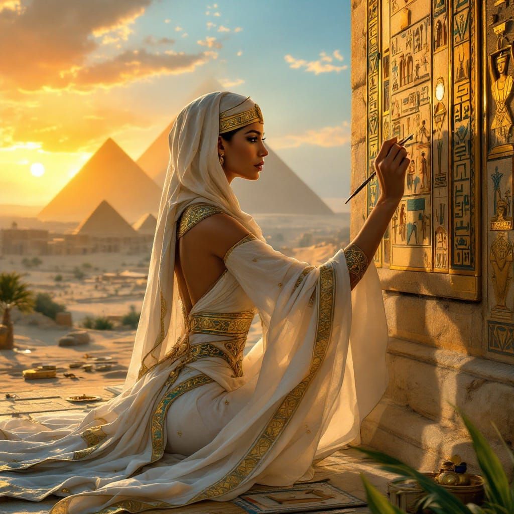 Ancient Egyptian Priestess Paints Hieroglyphics Under Golden...