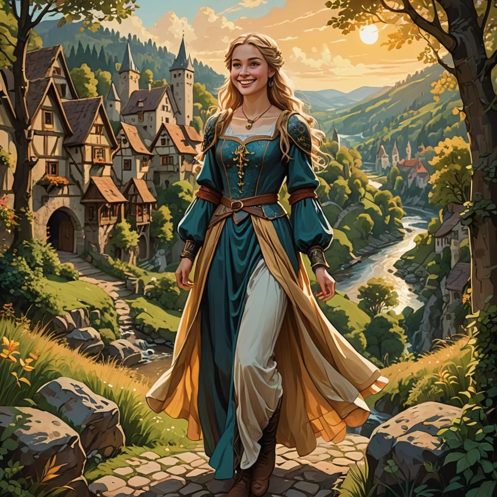 Serene Medieval Fantasy Maiden in a Whimsical Village