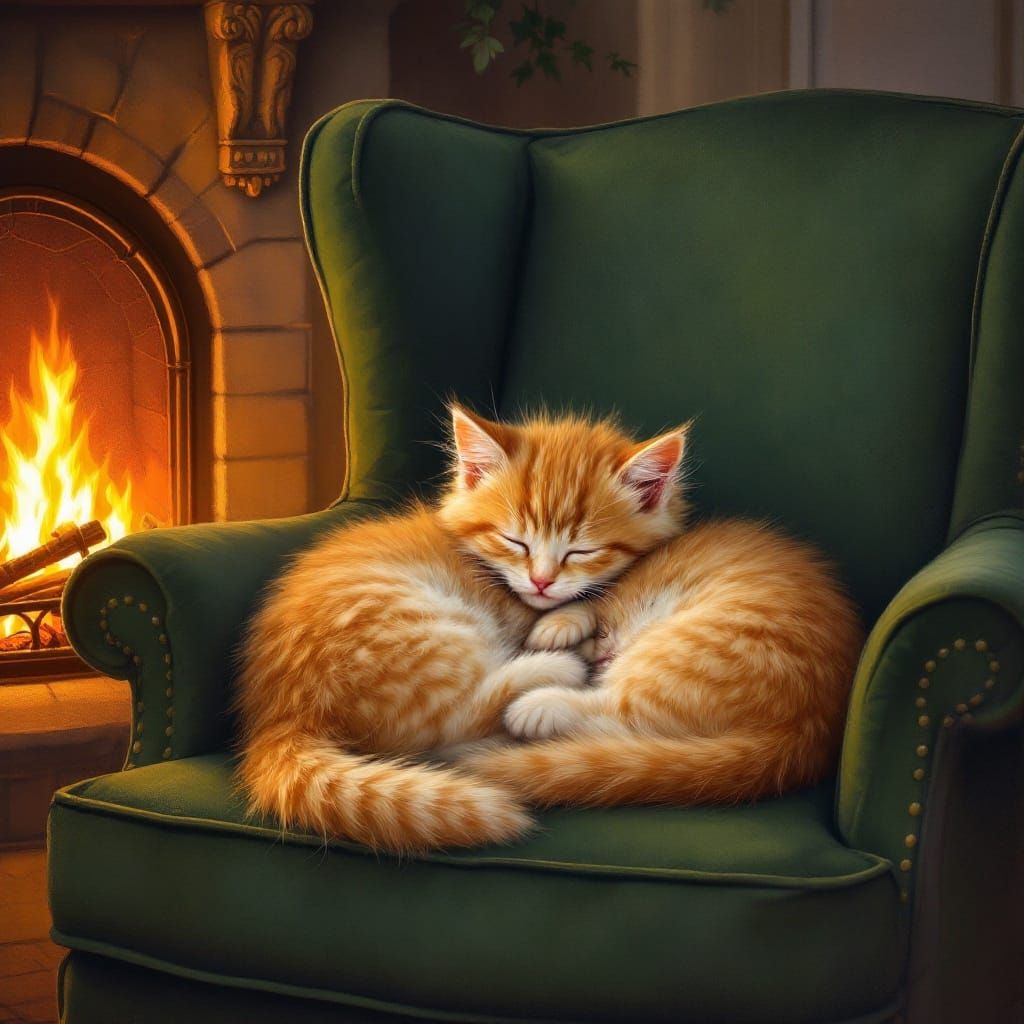 Golden Maine Coon Kittens by the Warm Fireplace