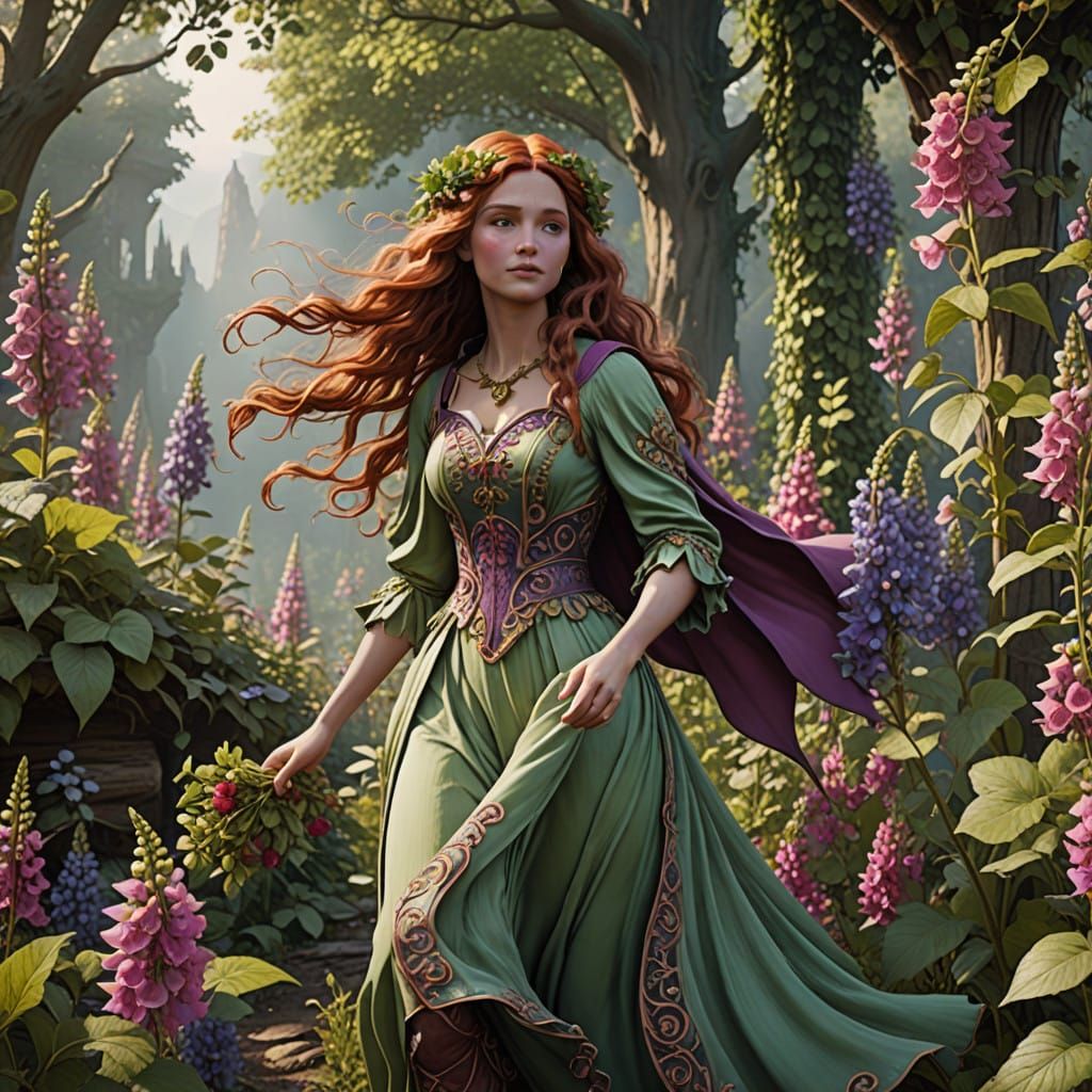 A Whimsical Fairy in Art Nouveau Style with Vibrant Flowers