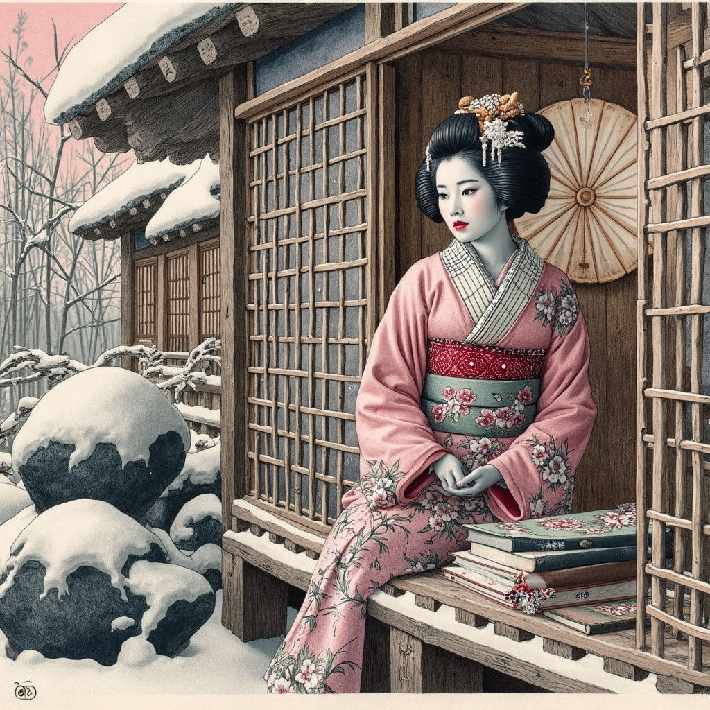 Geisha in Winter Landscape: Japanese Lithography Style