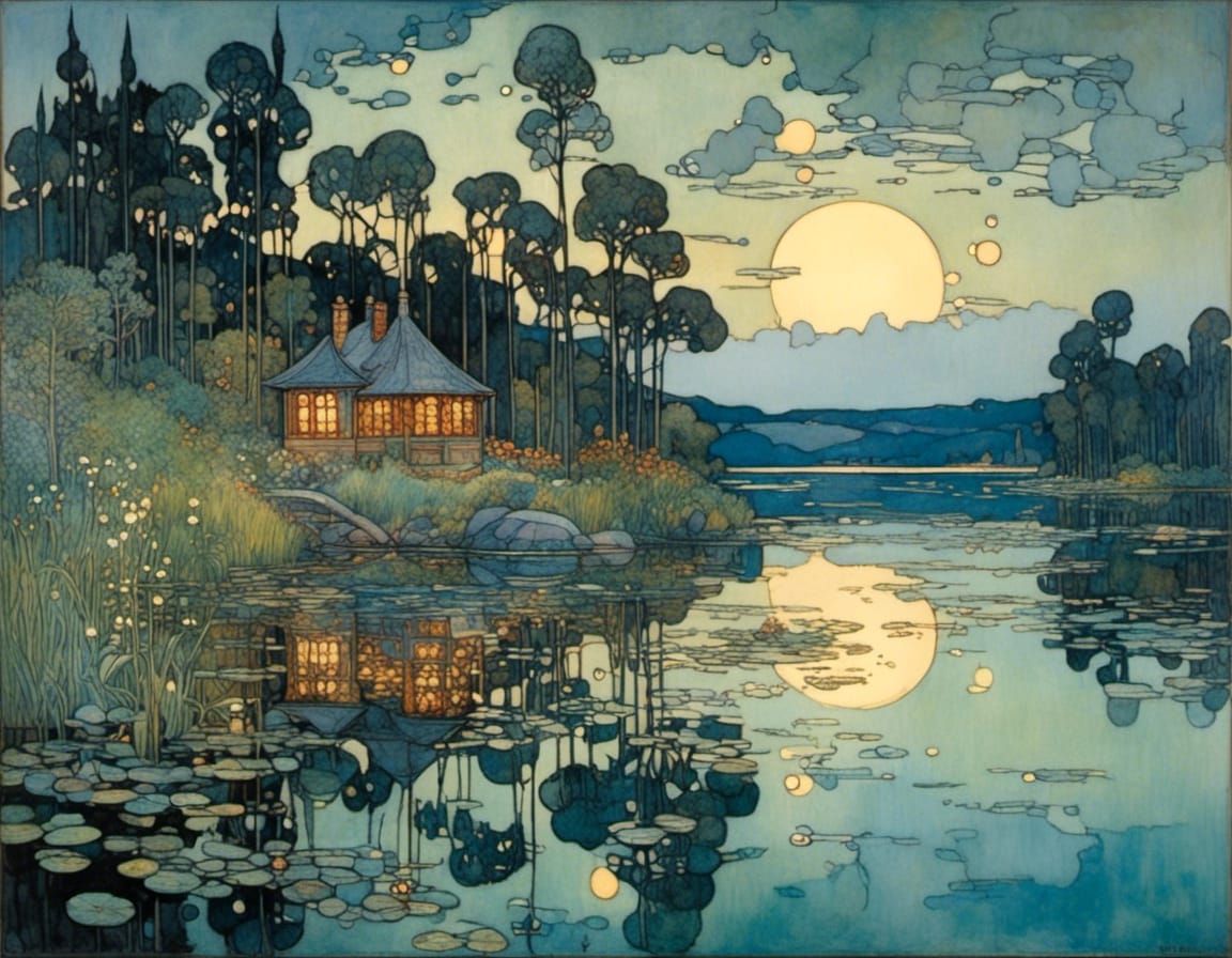 Swedish Lake Midsummer Night in Stained Glass Style