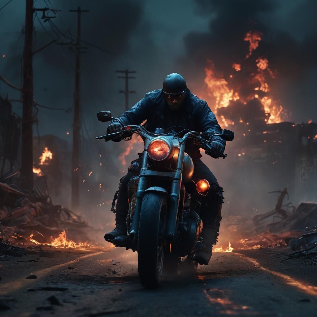 Post-Apocalyptic Biker in Fiery Wasteland: Matte Painting
