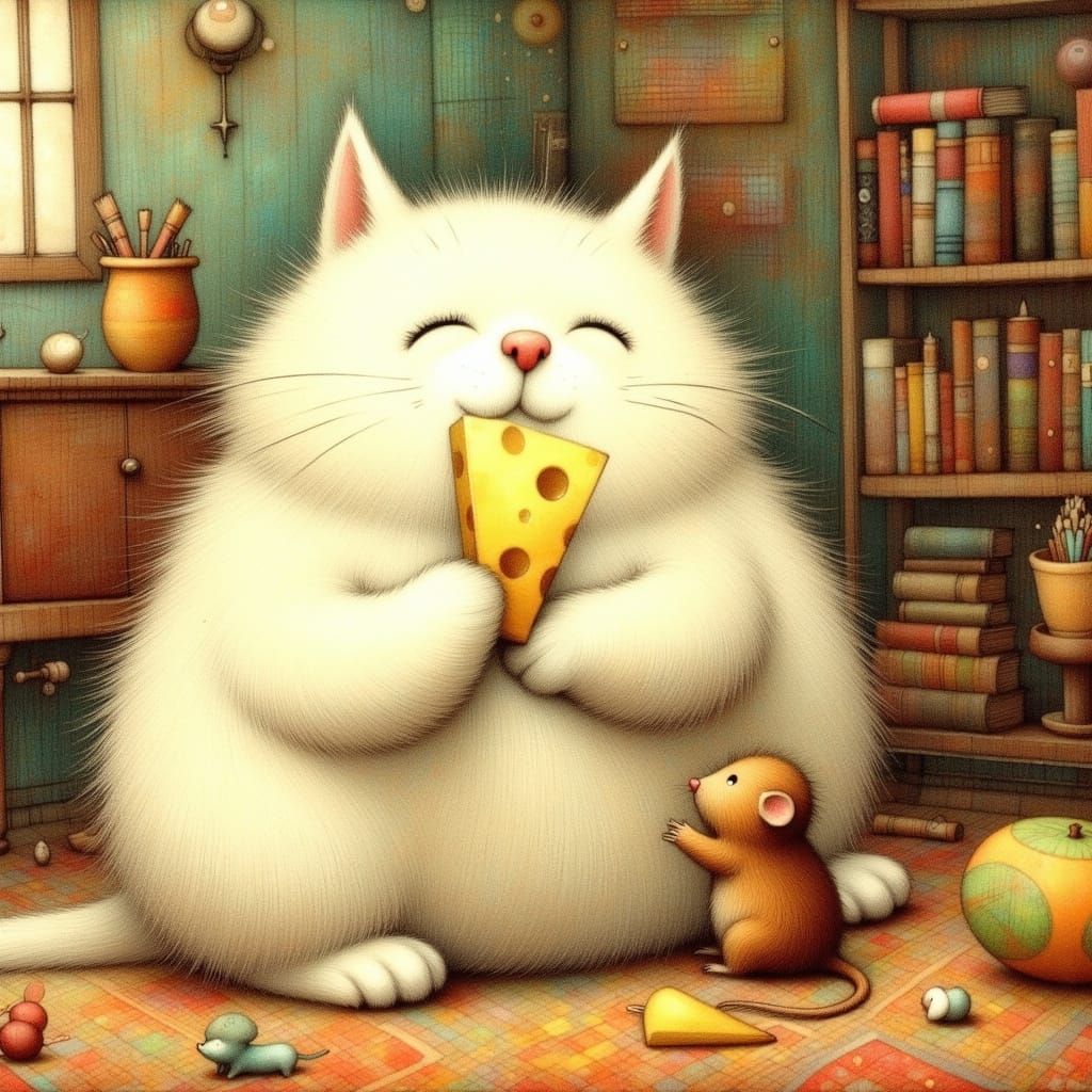 Surreal Whimsy: Persian Cat and Mouse Share Cheese in Cozy S...