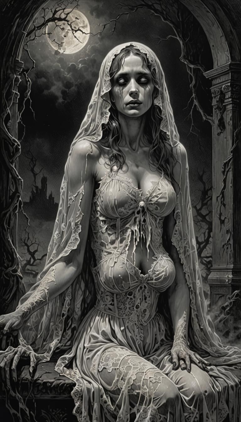 Crying Ghost in Lace: Dark Horror Illustration