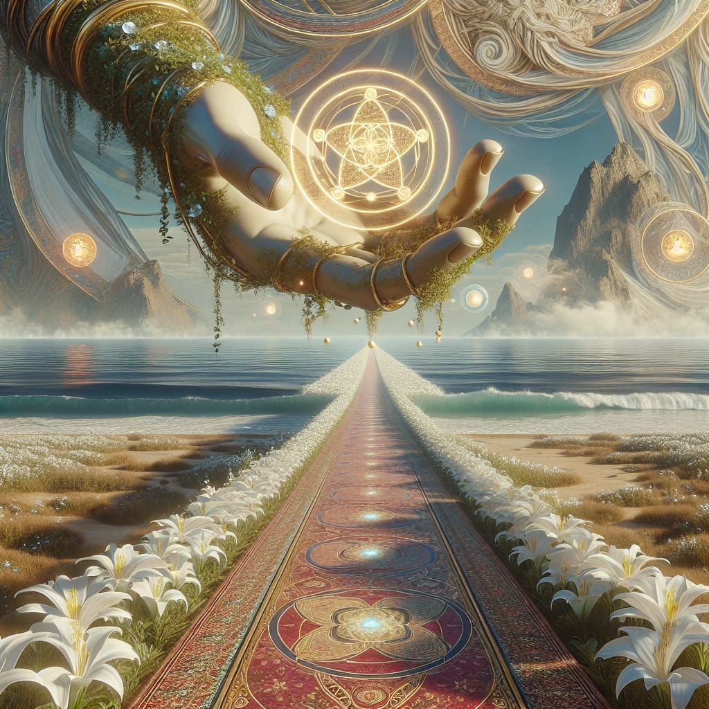 Giant Hand Holds Pentacle Above Floral Path