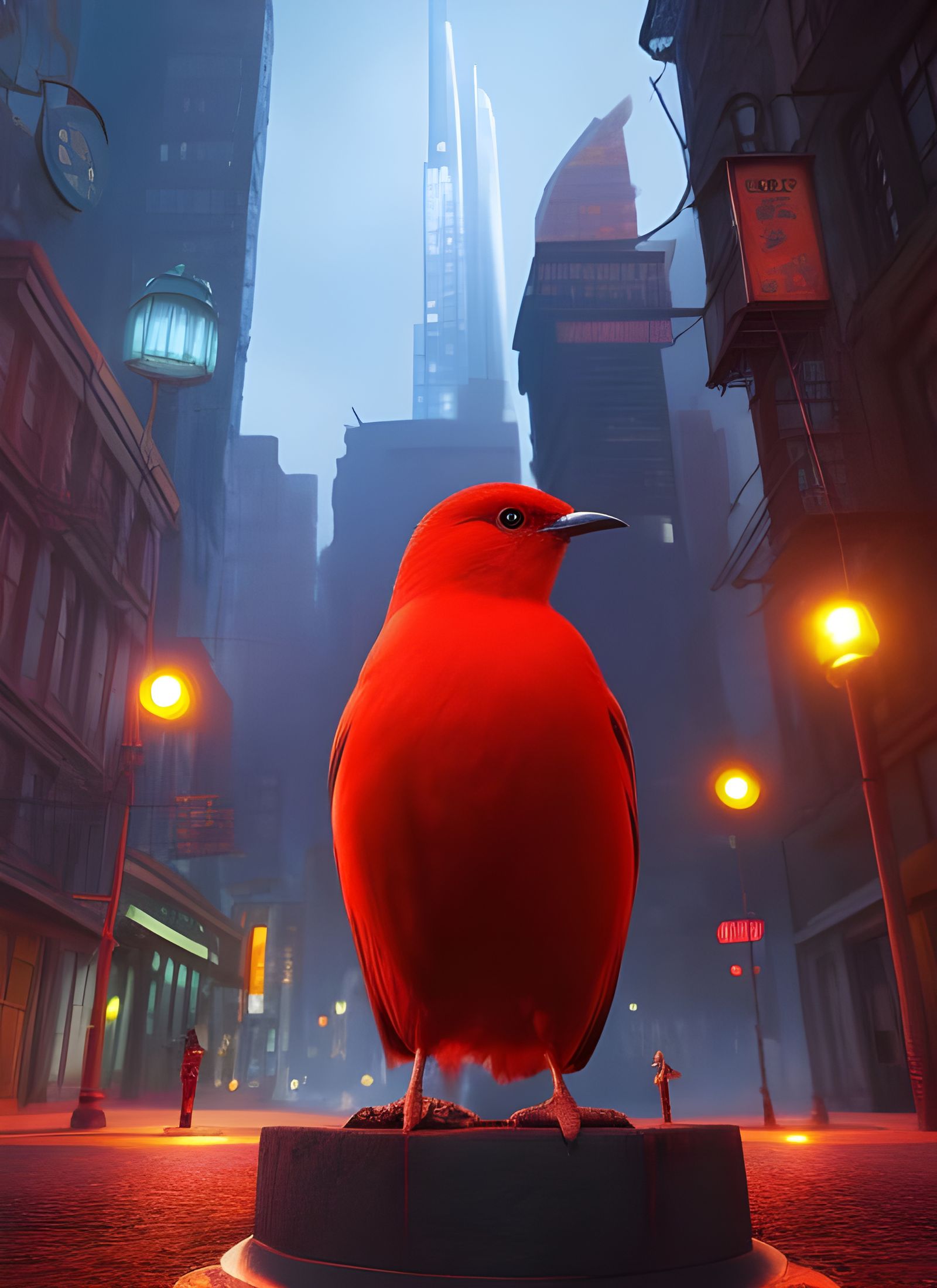 Red Penguin Detective in City, 3D Digital Art