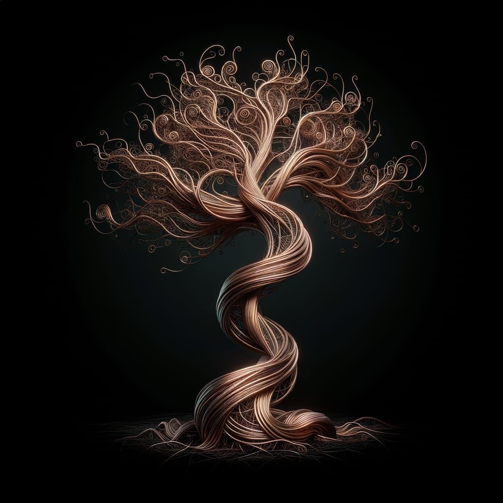 Copper Wire Tree Sculpture in Hypermaximalist Style