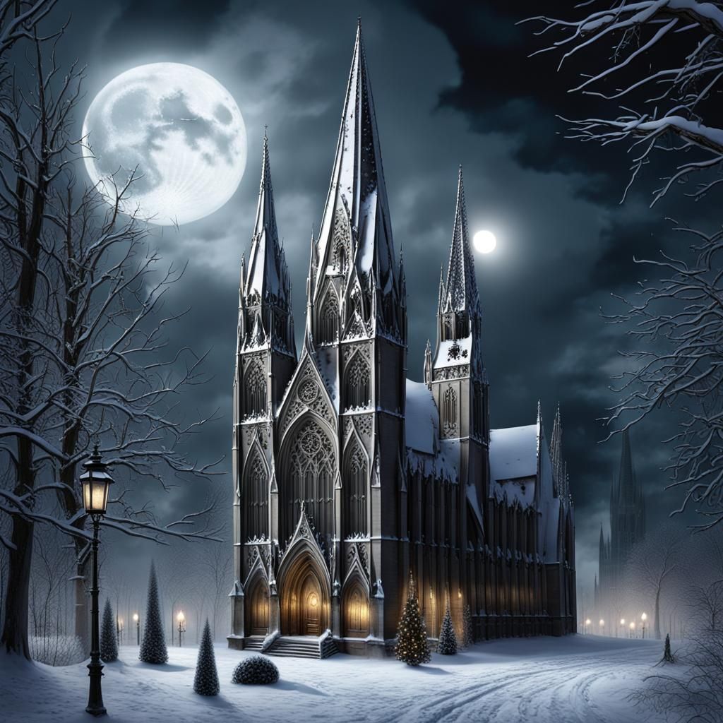 A high-definition 3D gothic postcard capturing the essence of Christmas in a dark and mysterious setting.