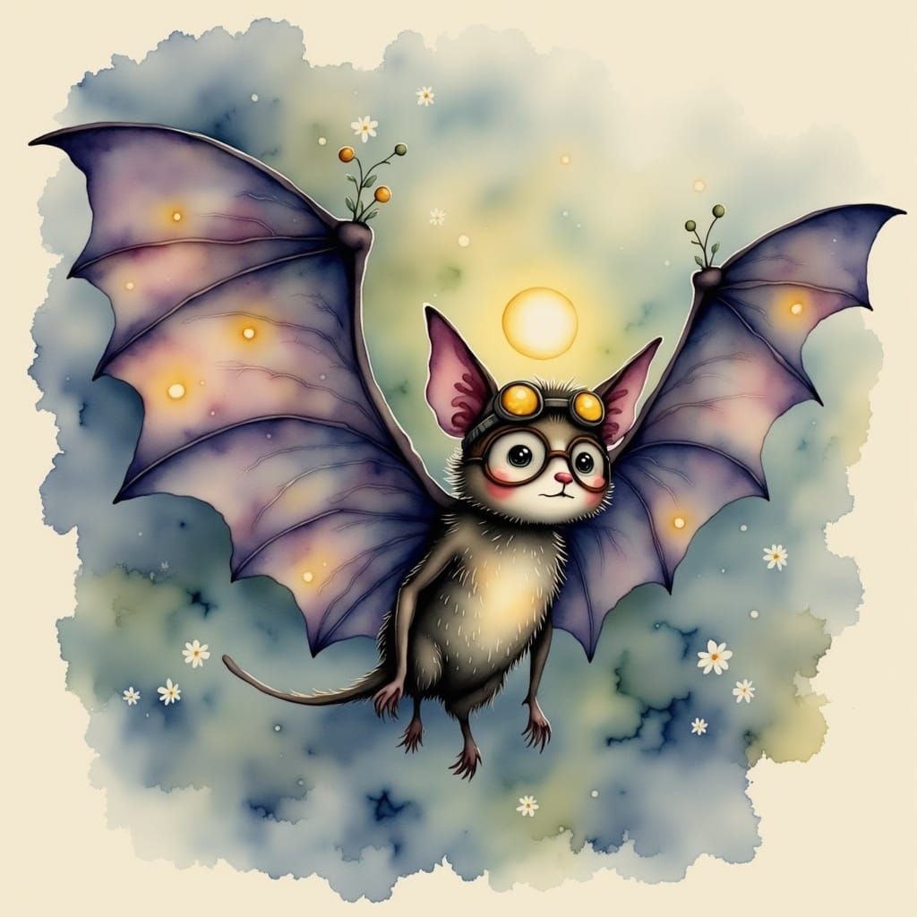 Whimsical Bat Afraid of the Dark, in Watercolor Style