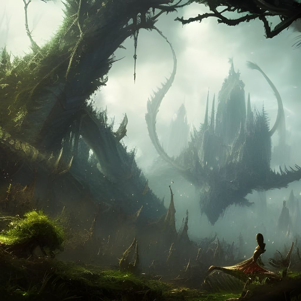 Overgrown Abandoned City with Dragons, Dark Fantasy Art