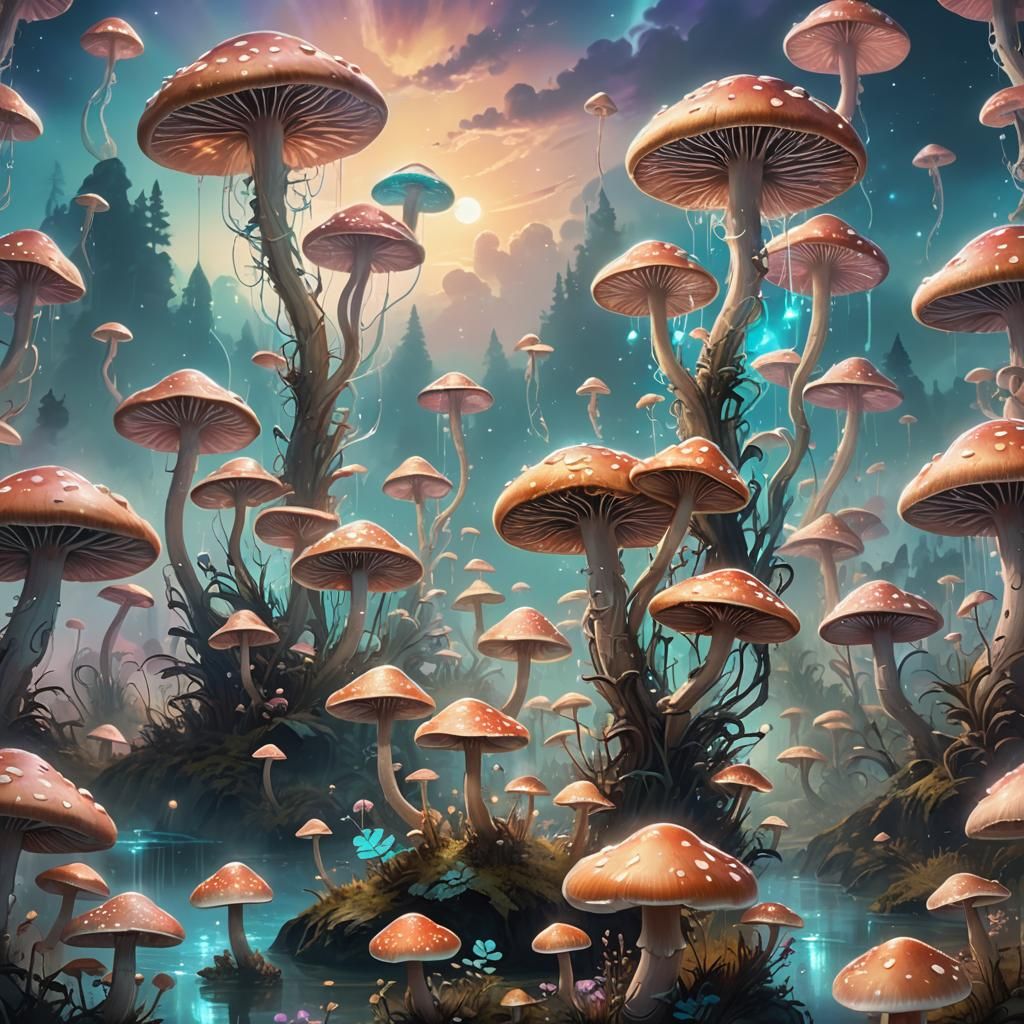 Bioluminescent Mushrooms Floating in Fantasy Landscape