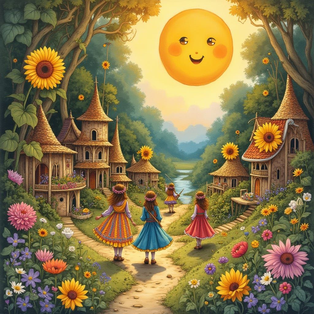 Hippies in Sunflower Village as Watercolor Art