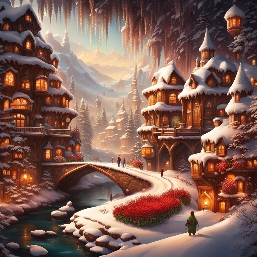 Enchanted Snowland with Ice River and Red Flowers