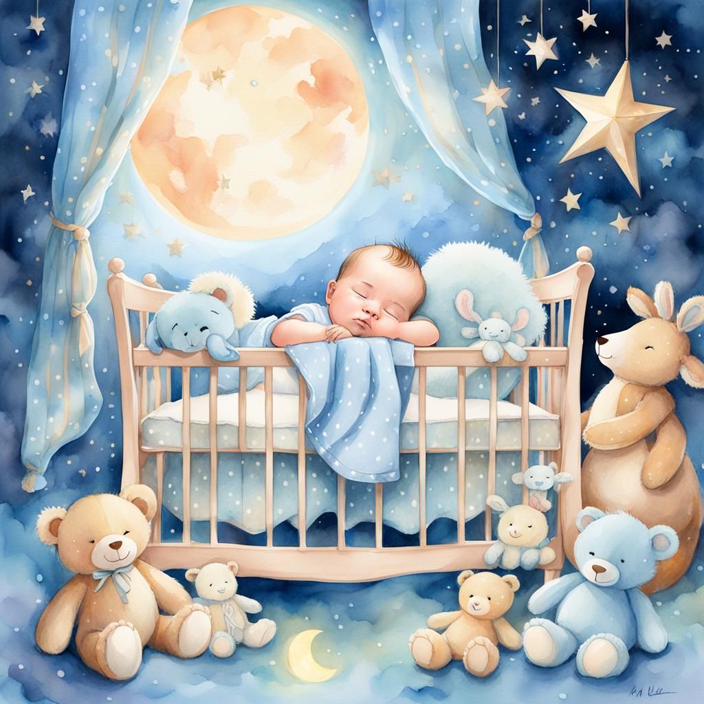 Dreamy Watercolor Portrait of Sleeping Baby