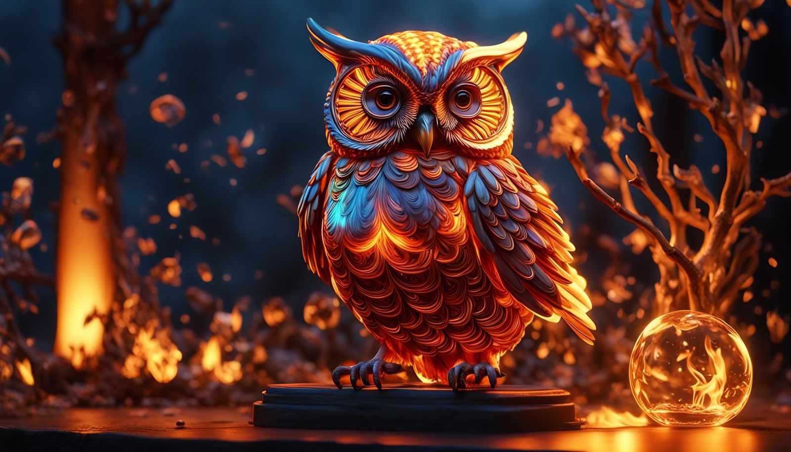 Detailed 3D Flaming Glass Owl in Golden Hour