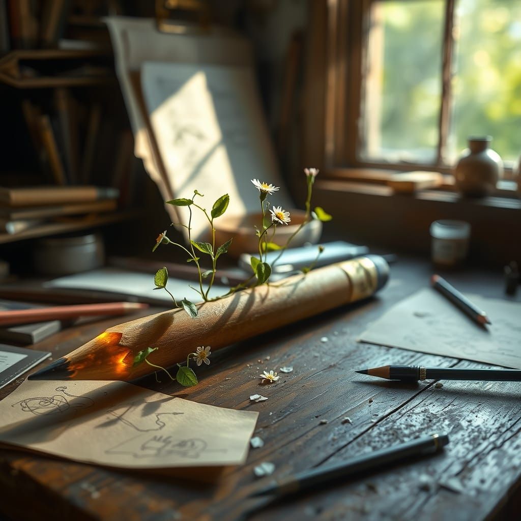 Magical Pencil Sprouts Flowers on Desk