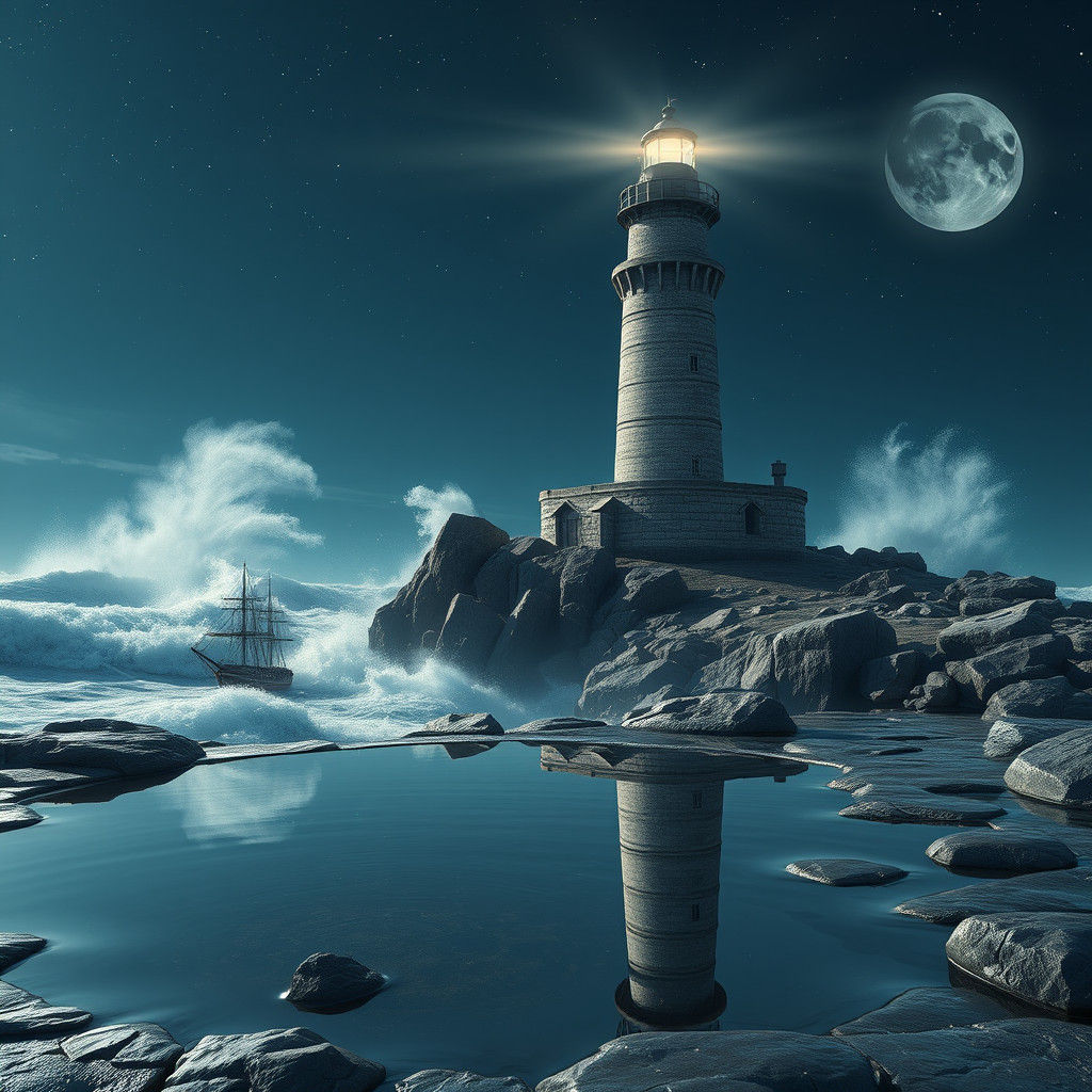 Moonlit Lighthouse on Rocky Coast in Matte Painting Style