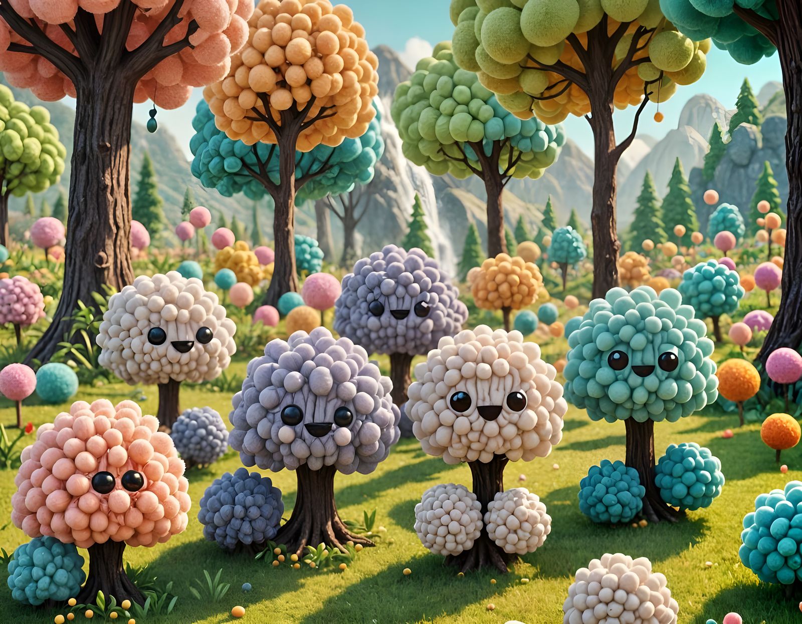 Whimsical Pom Pom Landscape in 3D Animation Style