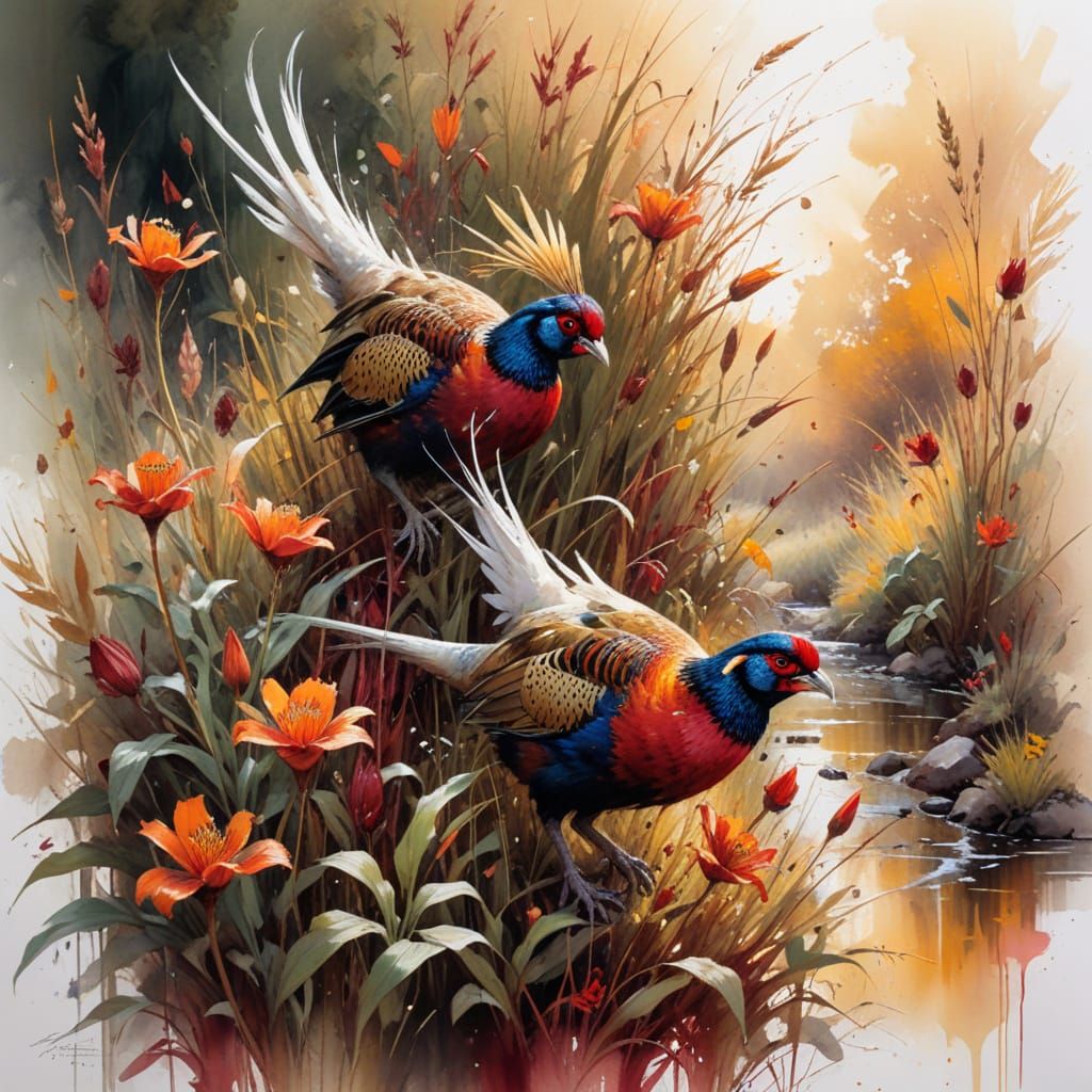 Golden Pheasants in Autumn Prairie, Expressive Watercolor Ar...