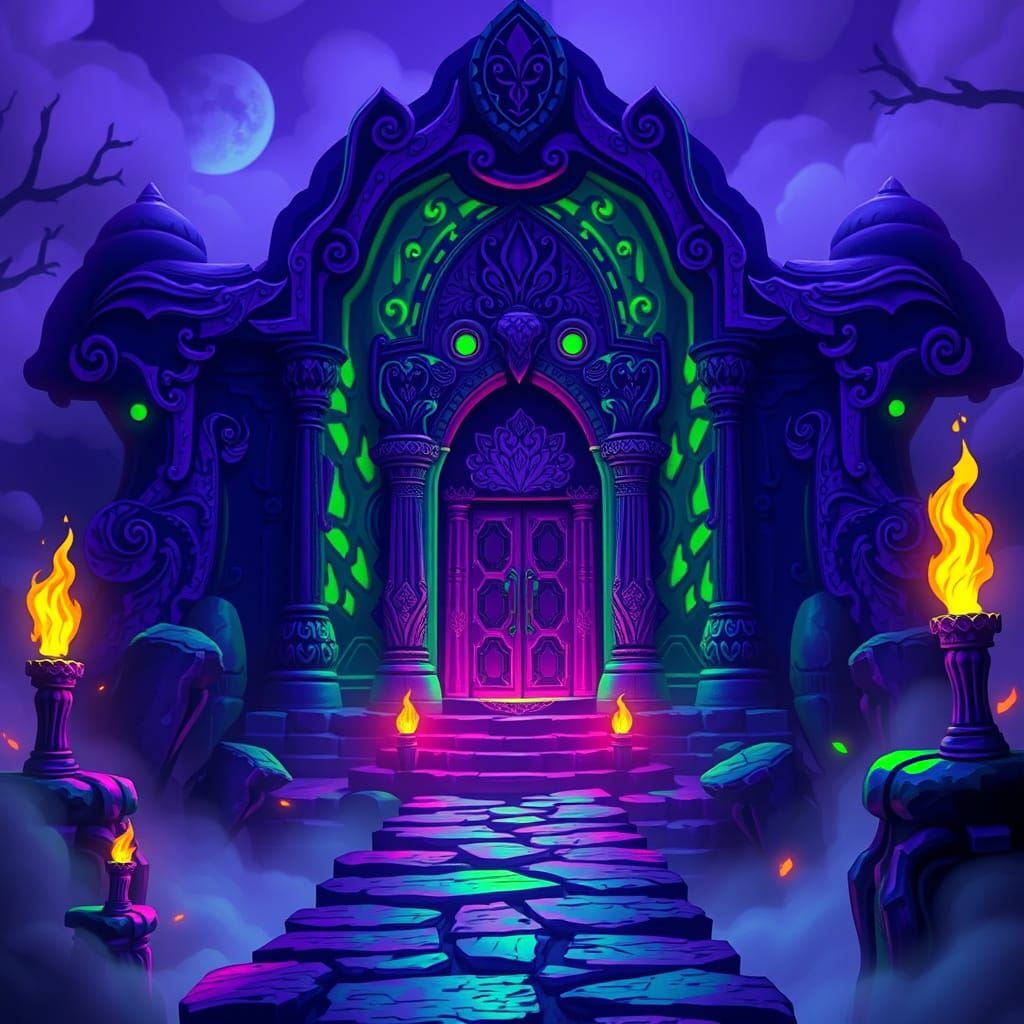 Mystical Purple Temple in Retro-Gaming Style