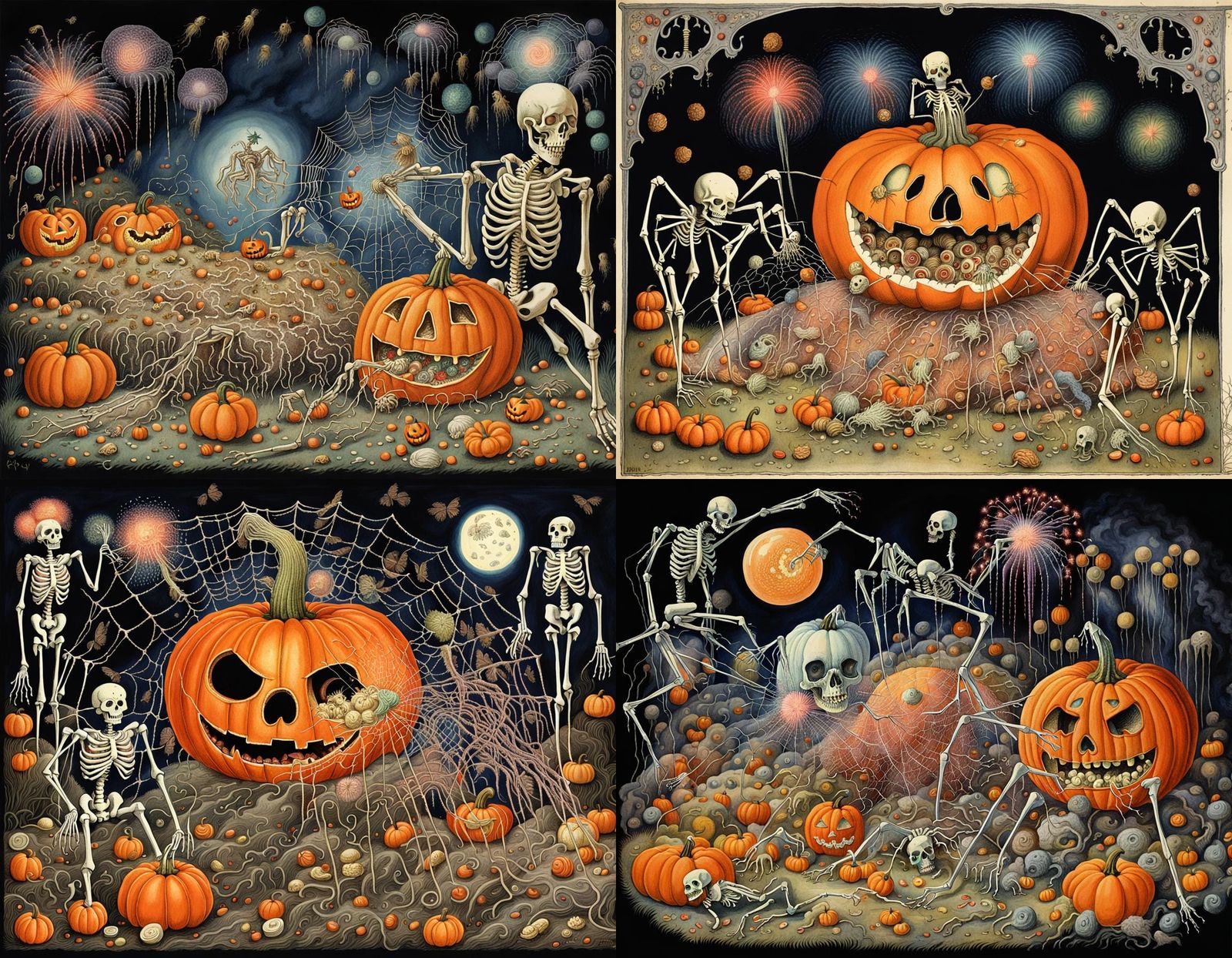 Surreal Halloween Pumpkin with Maggots and Skeletons