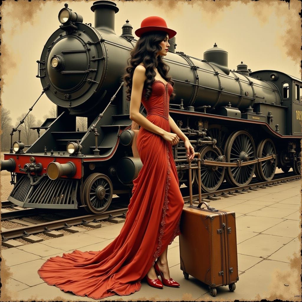 Elegant Woman Awaiting Train as Textured Collage