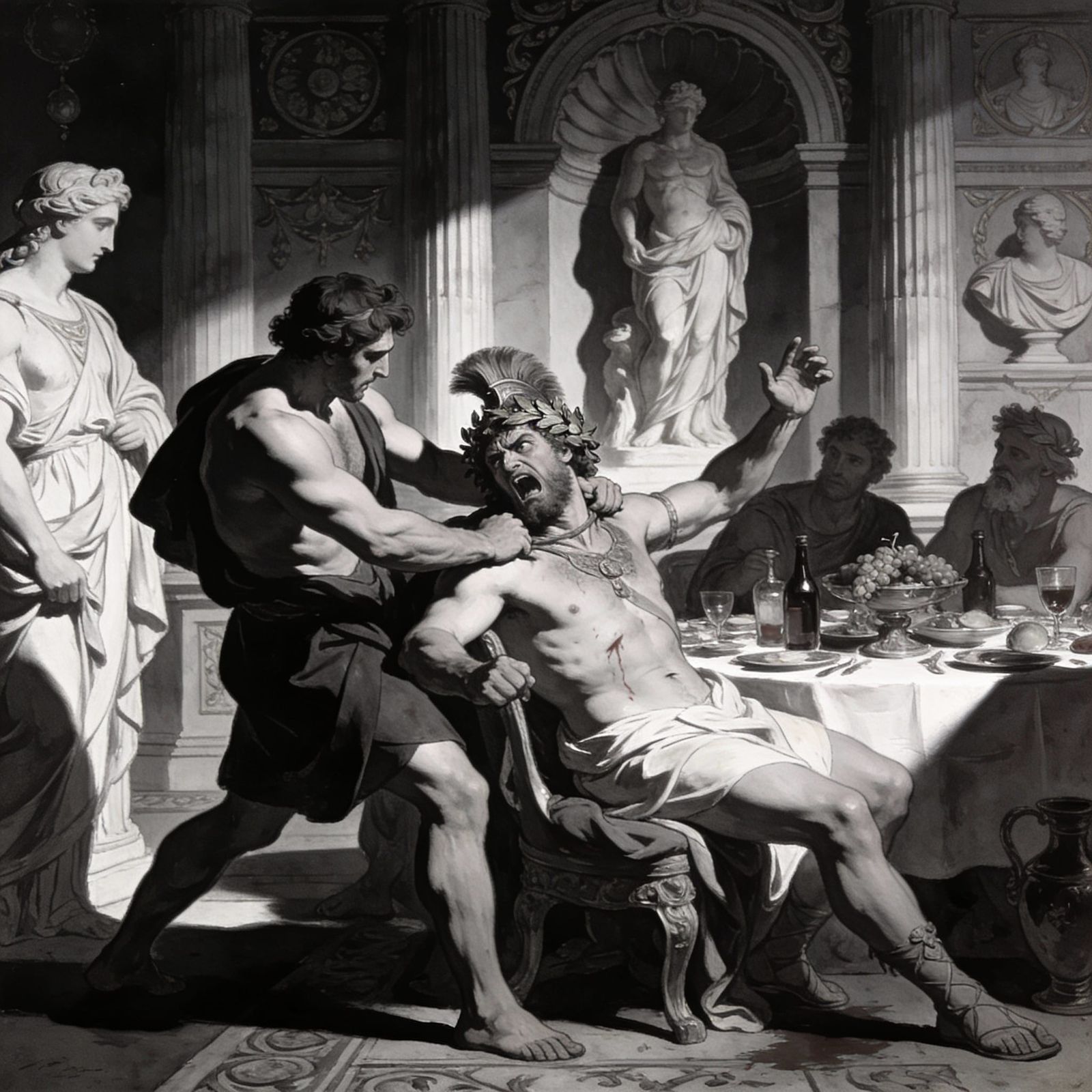 Sylvanus Restrains Enraged Ares at Mythological Feast