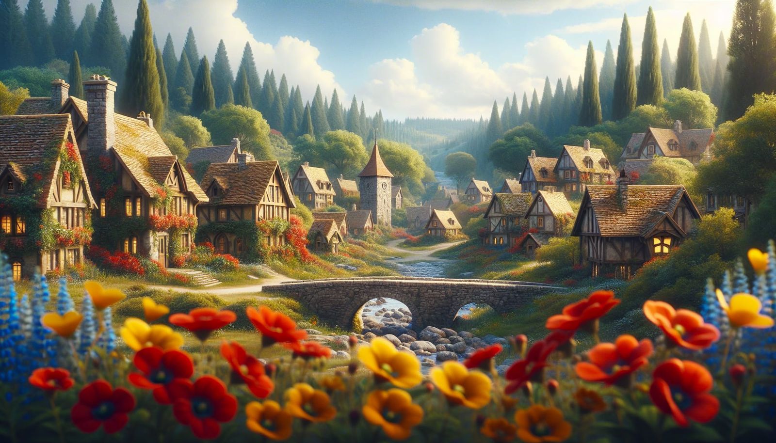 Renaissance Style Rural Village with Stone Bridge and Forest