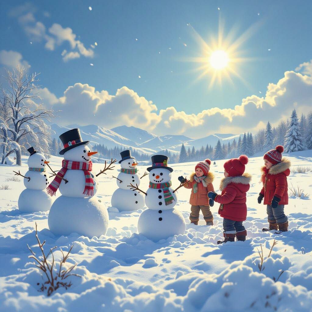 Children Building Snowmen in Sunny Winter Field