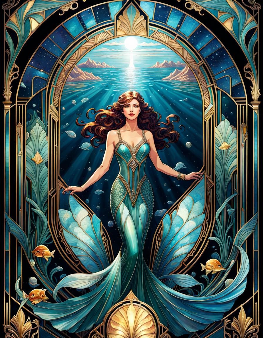 Art Deco Mermaid Stained Glass Digital Art