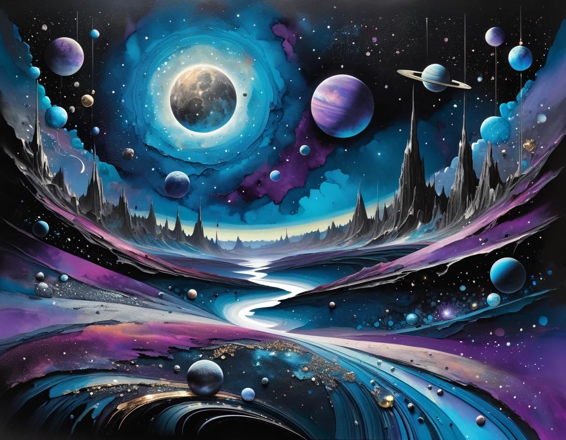 Surreal Cosmic Moonscape with Distant Planets