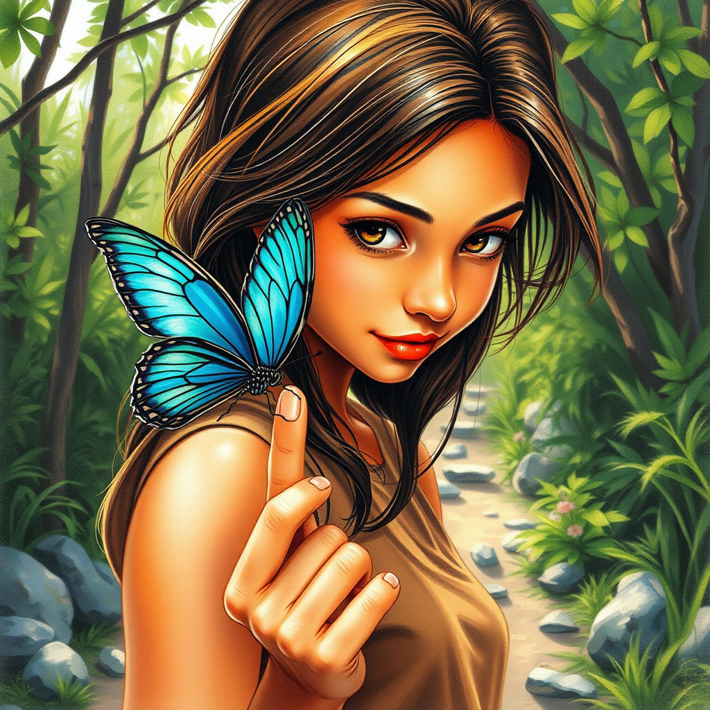 Charcoal Drawing of Girl with Butterfly on Nature Trail