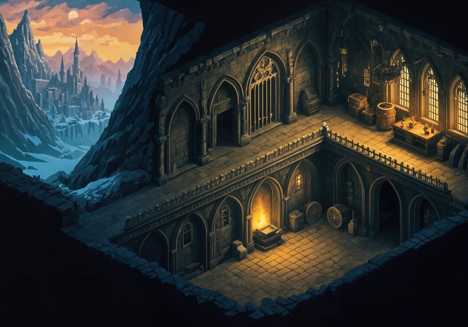 Isometric Pixel Art Landscape with Gothic Dungeon