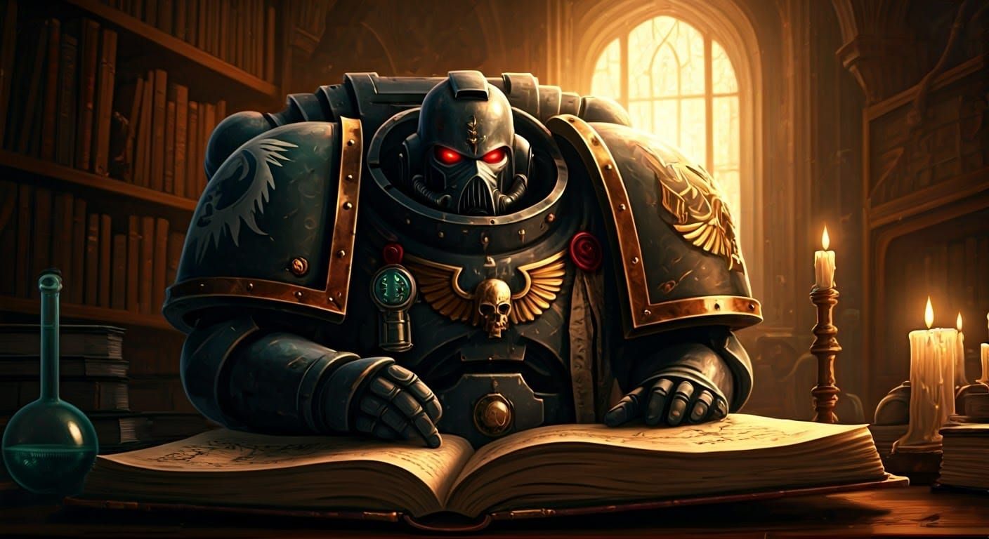 Space Marine Apothecary Reading in Ornate Library