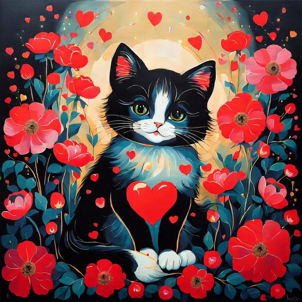 Ethereal Cat in Whimsical Floral Setting