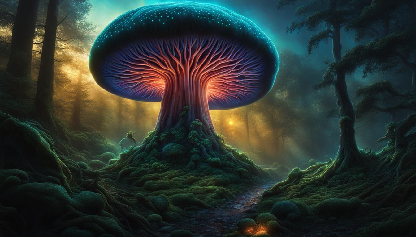 Bioluminescent Mushroom Forest in Hyperrealistic Dark Fantas...