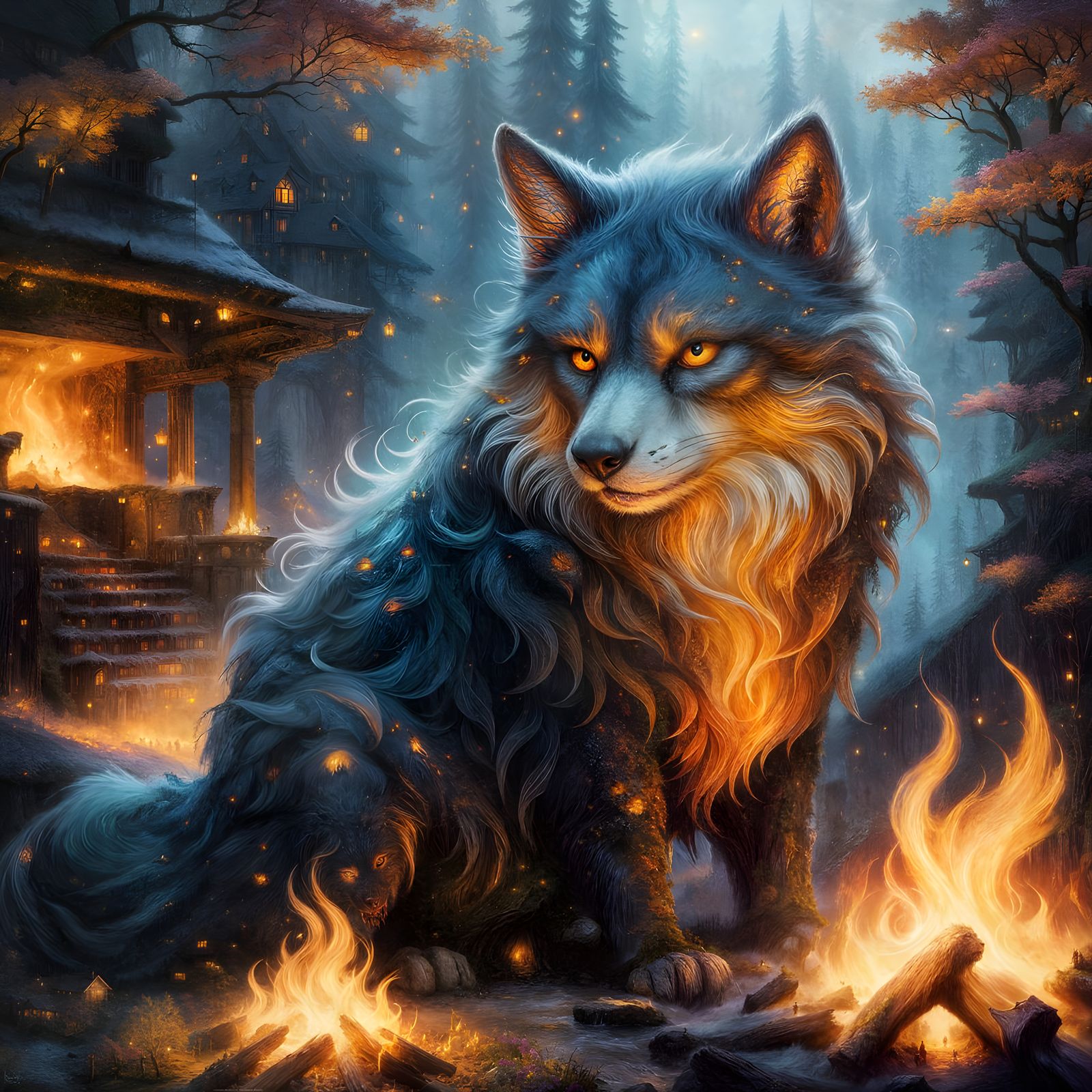 Mystical Creatures Dance Around a Glowing Campfire in an Eth...