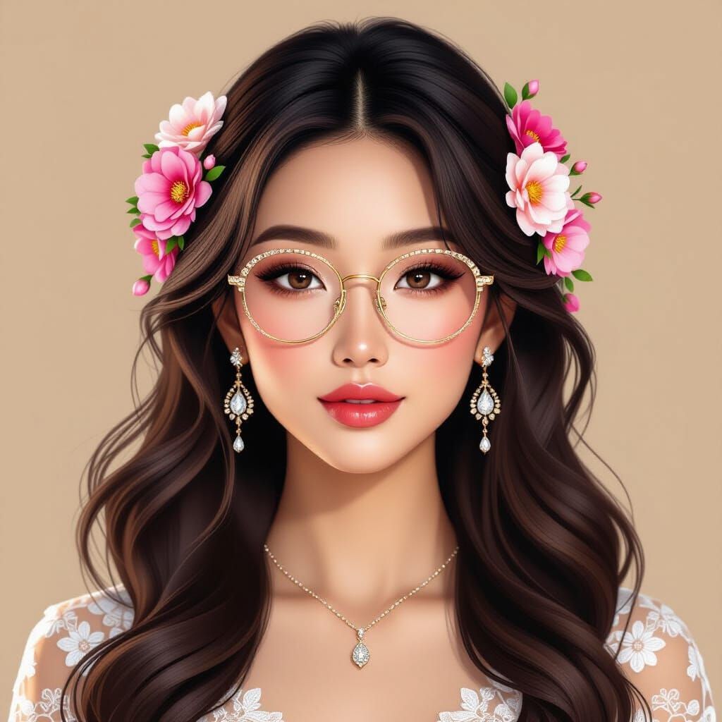 Digital Portrait of Elegant Asian Woman with Crystal Glasses