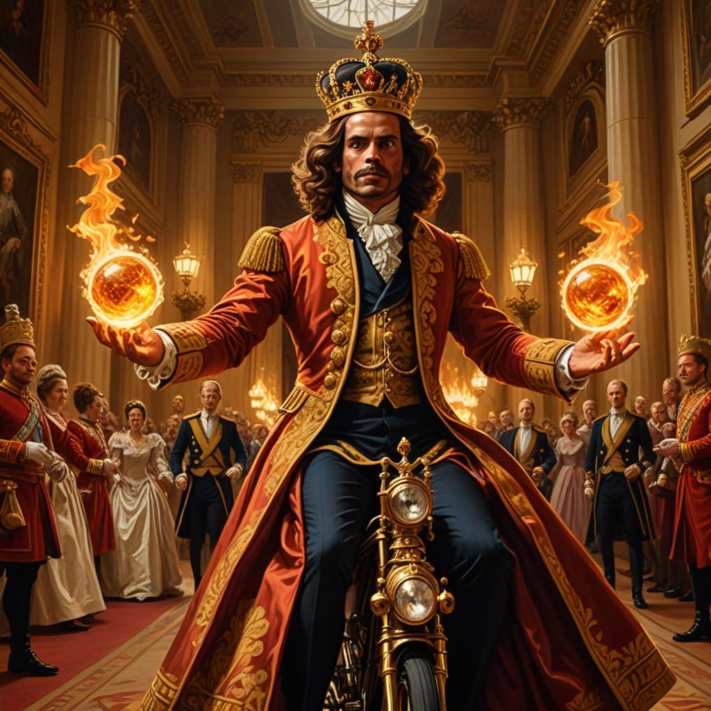 King Charles III Juggles Fire Balls on Bicycle in Palace