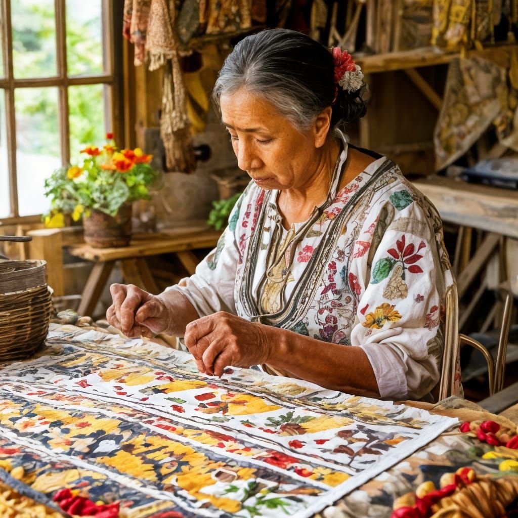 Old woman weaves a tapestry