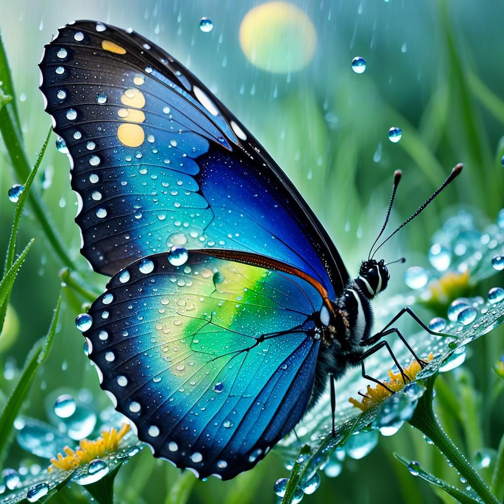 Iridescent Butterfly on Flower in Macro Photography