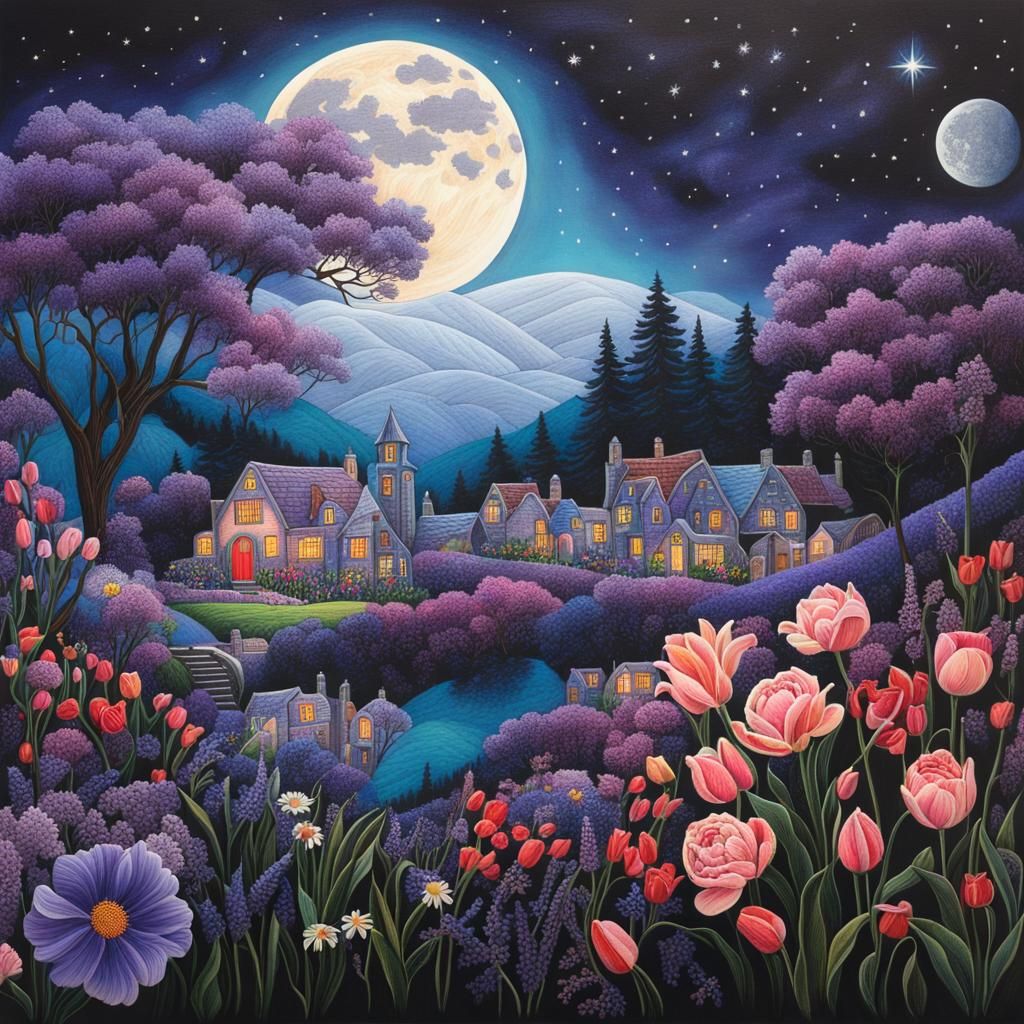 Fantasy English Village Collage with Flowers