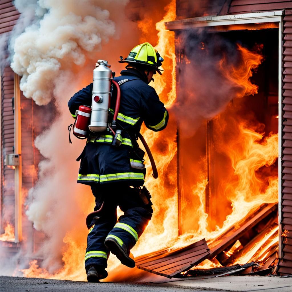 A firefighter rushing into a burning building to save someon...