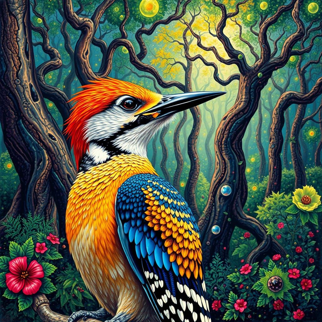 Pointillism Woodpecker in Surrealist Forest Landscape